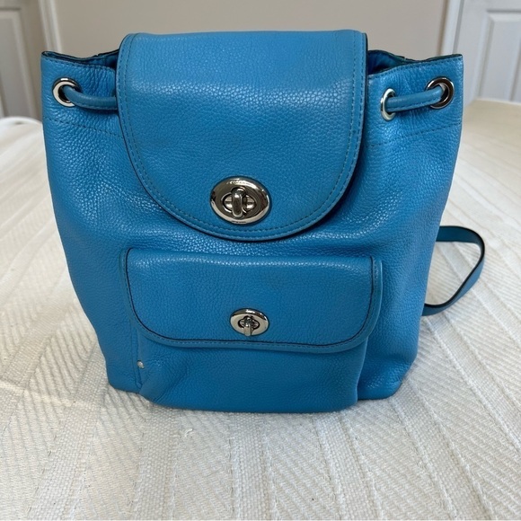 Coach Azure Blue Pebble Leather Silver Turn Lock Small Backpack - Picture 2 of 14
